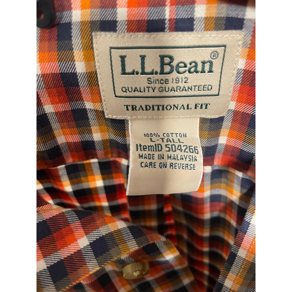Men's L.L.Bean Plaid Button Down Shirt L Tall Orange Navy Short sleeve Cotton - Picture 8 of 8